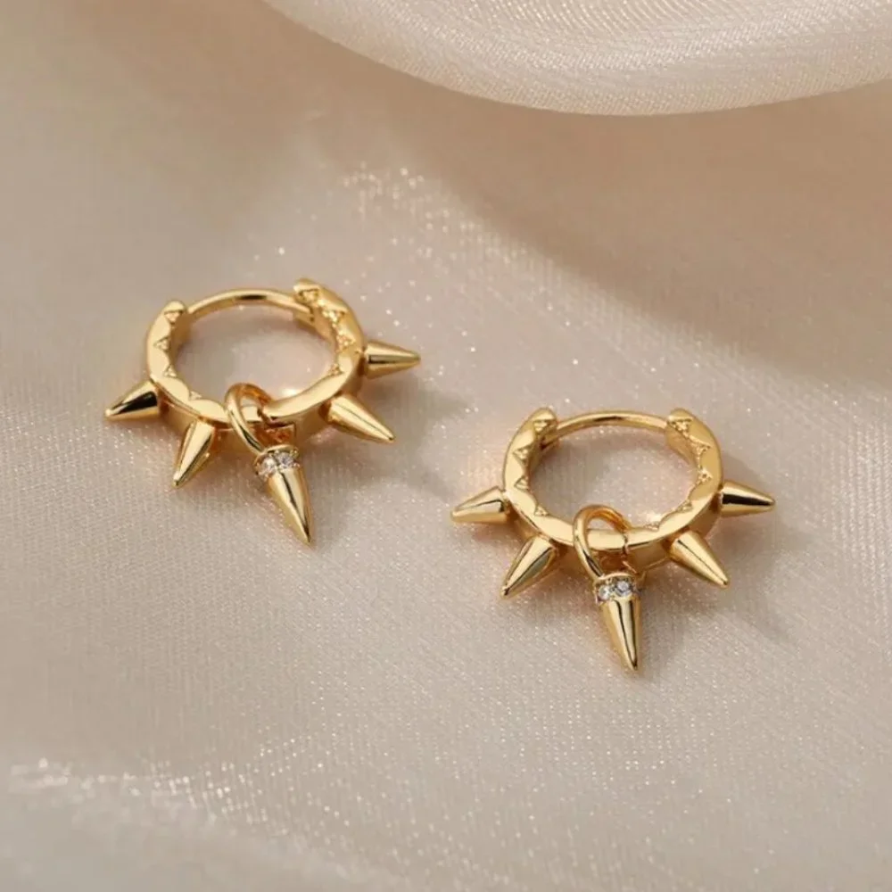 14K Gold Spiked Womens Small Hoop 1ct Diamond Earrings Punk Goth Rock Jewelry 14_6